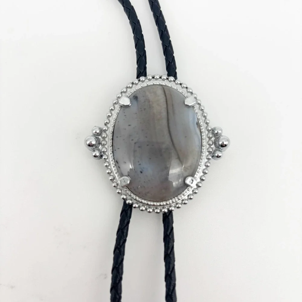 Retro Western Style Gray Agate Bolo Tie & Oval Belt Buckle Set